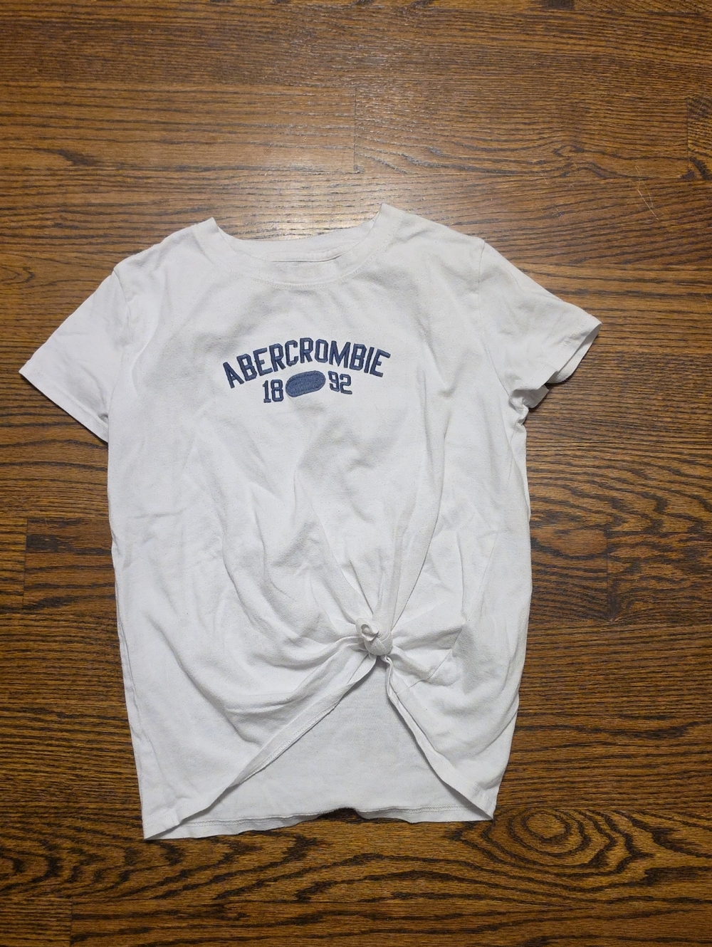 Abercrombie & Fitch White Short-Sleeve Knot Front Tee with Navy Logo